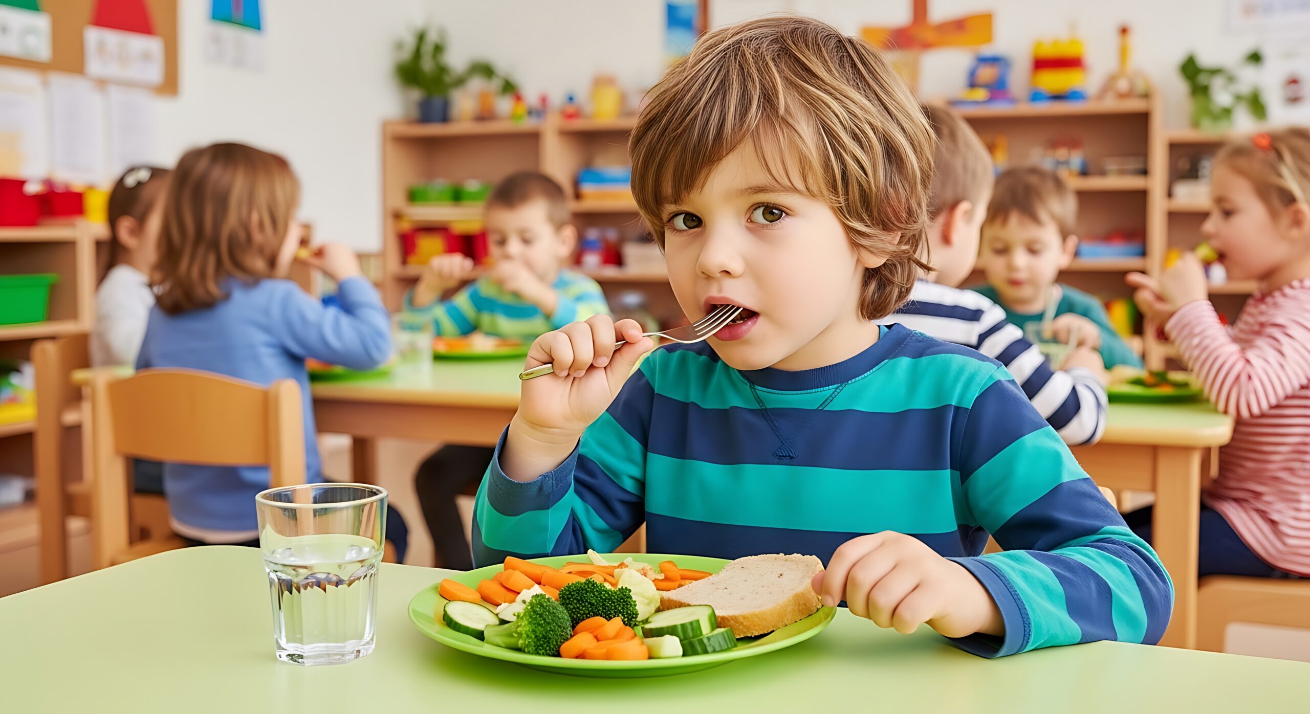 A young boy in a striped shirt eats a plate of vegetables including broccoli, carrots, and cucumber at a classroom table with other children in the background boy, child, eating. young boy eating vegetables at a classroom table child.